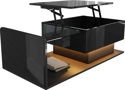Produktbild von Couchtisch, Hochglanz Schwarz, Beistelltisch, Couchtisch mit Glas und LED-Effekt, mit Glasplatte