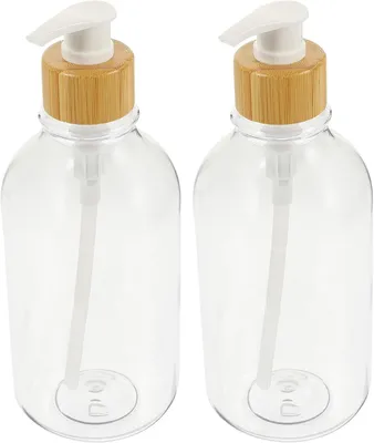 Produktbild von 2 transparente Flüssigkeitsspender mit weißer Holzpumpe, nachfüllbar für Seife, Shampoo oder Lotion, Badezimmer/Küche