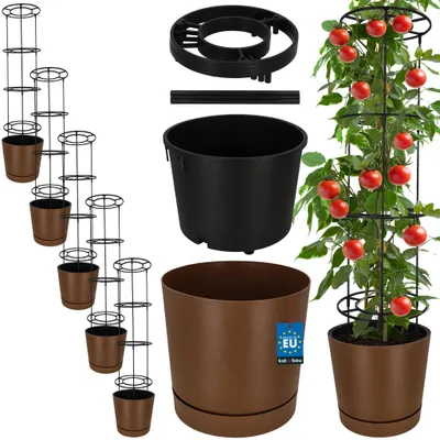 Obrázok produktu pre KOTARBAU® Súprava 5 kusov kvetináčov na paradajky, priemer 39 cm. Kvetináč s oporou na rastliny pre popínavé rastliny. Konštrukcia na paradajky, výška 141 cm. Robustná a odolná, plast, hnedá farba