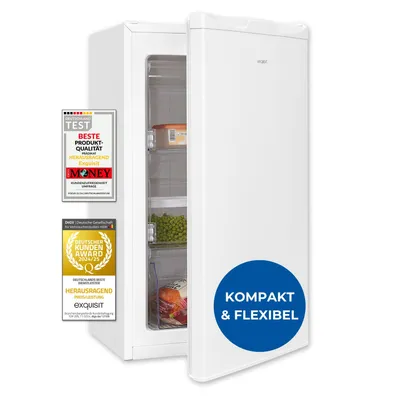 A white upright freezer with its door slightly ajar, displaying some of its contents. There are several award badges and a blue circular overlay with text on the left and right side of the appliance.