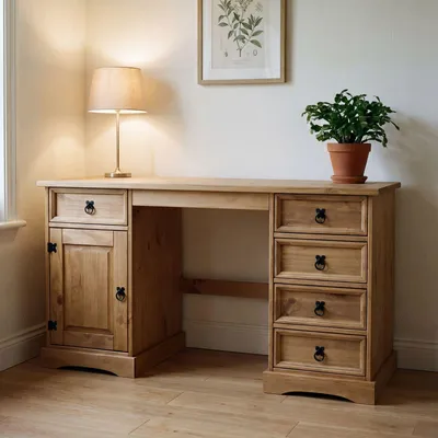 A wooden desk with drawers and a cabinet, placed in a room with a lamp and a plant.