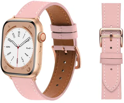 Produktbild von Stravo Slim Lederarmband Damen, dünn mit roségoldener Schließe, kompatibel mit Apple Watch 38–42 mm und SE/Serie 1–11, Rosa