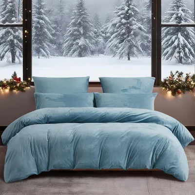 Zdjęcie produktu dla Komplet pościeli 220x240 cm, jasnoniebieski, 3-częściowy, z miękkiej mikrofibry, ciepły i przytulny, z zamkiem błyskawicznym