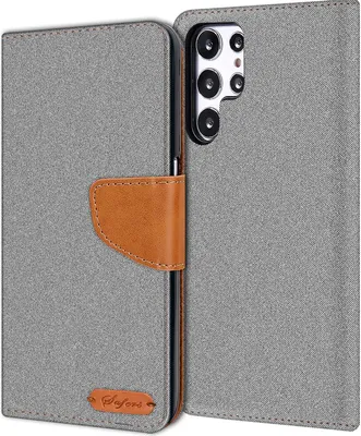 A flip case for a Samsung Galaxy S22 Ultra phone is shown, open to reveal the phone's camera array.