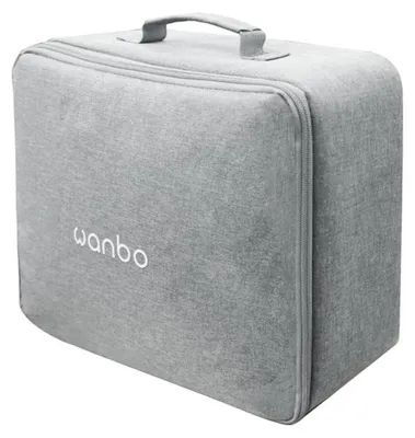 A gray carrying case with a handle and zipper, featuring the 'wanbo' logo.