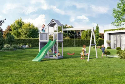 Produktbild von Fungoo FLOPPI Grau&Weiss mit Rutsche, Doppelschaukel, Kletterwand und Picknicktisch