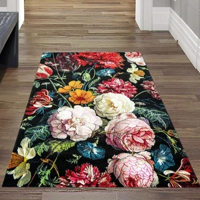 Produktbild von Teppich Blumen Wohnzimmer Teppich Blumenstrauß in schwarz creme rot Größe - 80 x 150 cm