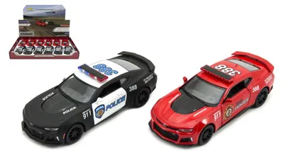Produktbild von Kinsmart-Spielzeugauto Chevrolet Camaro (Polizei/Feuerwehr), 12 cm, Metall/Kunststoff, 2 Farben, mit Rückzugantrieb, 12 Stück in einer Box