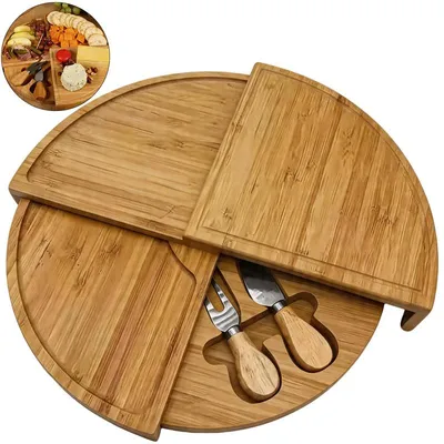 Produktbild von Käsebrett Bambus Servierplatte 26cm drehbar faltbar mit Käsemesser Set Rund Holz Snackplatte für Party Weinabend Geschenk