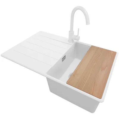 Produktbild von PRIMAGRAN Granitspüle Weiß 78x50cm, Spülbecken 1 Becken + Küchenarmatur 32x20cm + Ablauf-Set + Schneidebrett, Küchenspüle ab 45er Unterschrank - Kopenhagen