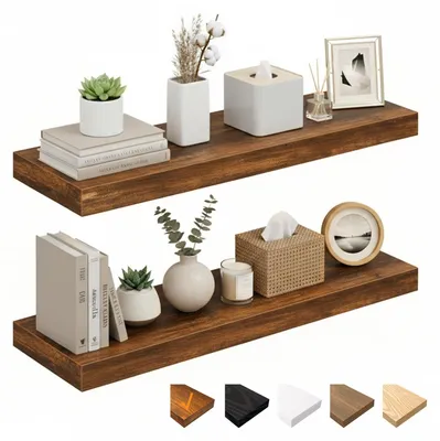 Image de Étagères murales, étagère suspendue de 60 cm, panneau mural en bois avec fixations invisibles, lot de 2 étagères murales en bois pour salle de bains, chambre, bureau, salon, cuisine (marron, 60 x 23,5 x 3,8 cm)