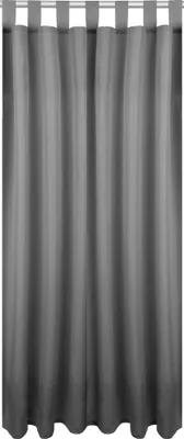 A close-up view of a gray curtain hanging from a rod.