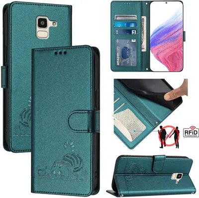 Produktbild von Leder Hülle für Samsung Galaxy J6 2018 Süße Katze Flip Case Brieftasche Schutzhülle mit Standfunktion Grün