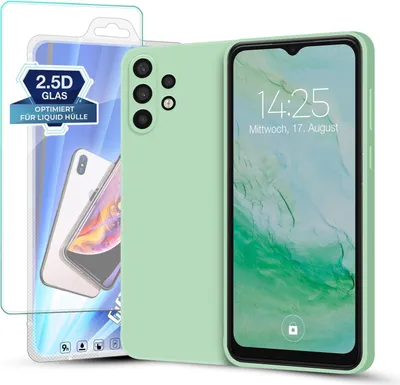 Produktbild von Hülle für Samsung Galaxy A32 5G mit 9H Displayglas Displayschutz Plus Case Cover Bumper Silikon Softgrip Schutzhülle Farbe: Türkis
