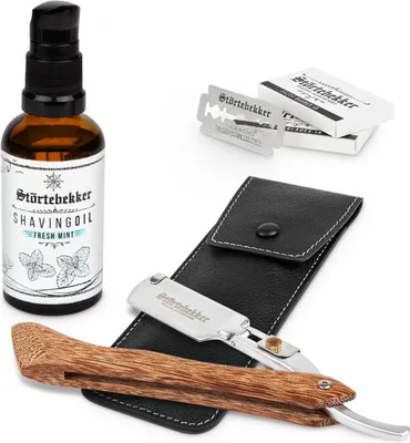 Produktbild von Störtebekker Konturen Set - Rasiermesser mit Holzgriff – mit handgefertigtem Lederetui Schwarz - Rasierset / Bartpflege Set Herren, Geschenkidee