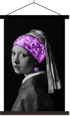 Produktbild von MuchoWow® Textilposter Das Mädchen mit dem Perlenohrring - Johannes Vermeer - Lila 60x90 cm mit schwarzem Rahmen - Poster Wohnzimmer