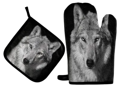 Produktbild von Handschuhe und Topflappen-Set mit Wolfsporträt