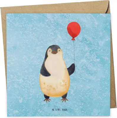 Produktbild von Mr. & Mrs. Panda Grußkarte Pinguin Luftballon - Eisblau - Geschenk, doppelkarte, Geschenkidee, Klappkarte, Jahrmarkt, Kirmes, faltkarte, anlasskarte, Glückwunschkarte