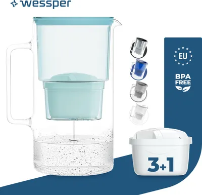 Produktbild von Wessper Wasserfilterkanne aus Glas 3 L Kompatibel mit Brita-Wasserfilterkartuschen, Inklusive 4 Wasserfilter-Kartusche, Minze