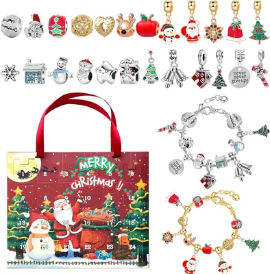Produktbild von Adventskalender Schmuck 24 Anhänger 2 Armbänder Weihnachtsgeschenk Kinder DIY Set - MerryChristmas