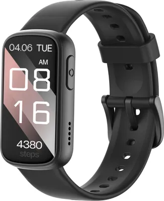 A black smartwatch with a black strap is shown against a white background. The watch face displays the date, time, and step count.