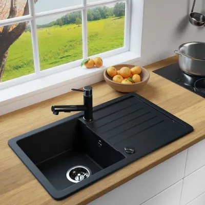 Produktbild von MIT ARMATUR - Rein Schwarz LINDBERGH® Antibakterielle Granit Spüle "VEL44" + "1-Nero" Einbauspüle Küchenspüle Spülbecken
