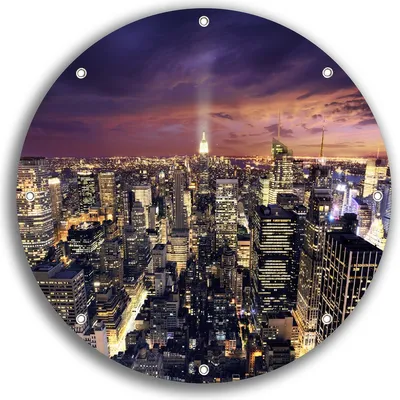 Produktbild von Wallario rundes Outdoor-Poster für Garten oder Balkon, Motiv New York bei Nacht - Panoramablick über die Stadt, 30 cm Durchmesser