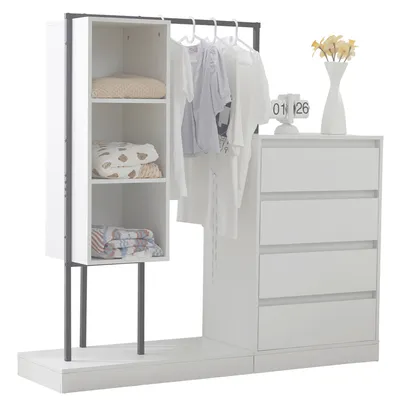 A white wardrobe set with open shelves and drawers, featuring clothes hanging on a rack.