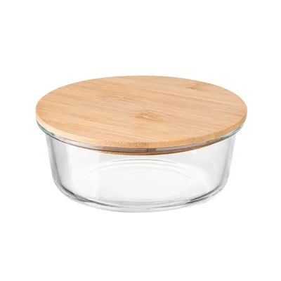 Imagen del producto de Recipiente de vidrio redondo de 640 ml con tapa de bambú