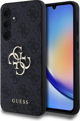 A black smartphone case with the Guess logo is shown next to a smartphone.