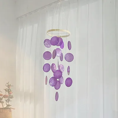 Produktbild von Windspiel Muschel Girlande 43 cm Weiß Lila Capiz Muscheln Bambusring