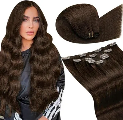 Immagine prodotto di Extension in capelli umani, set da 5 pezzi, 80 g, 30 cm, castano scuro, Remy, senza cuciture, con doppia clip