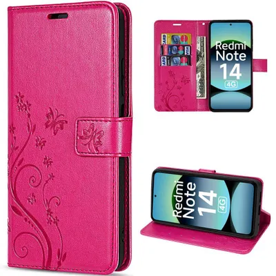 Image de Coque pour Xiaomi Redmi Note 14 4G, Protection Antichoc Cuir Synthétique Fuchsia Motif Papillon Plante