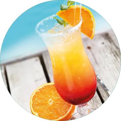 Produktbild von Wallario Premium Glasbild, freischwebende Optik, kräftige Farben, rund 50cm Durchmesser, Motiv Bunter Cocktail am Pool