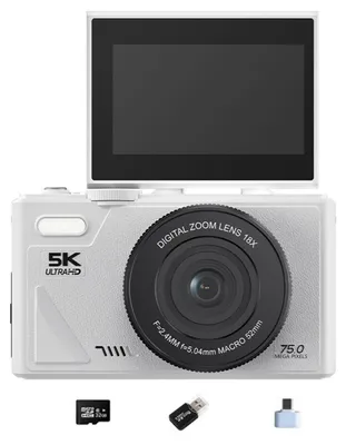 Produktbild von INF Weiße Digitalkamera mit 64GB Karte, Adapter & Lesegerät - 5K Video