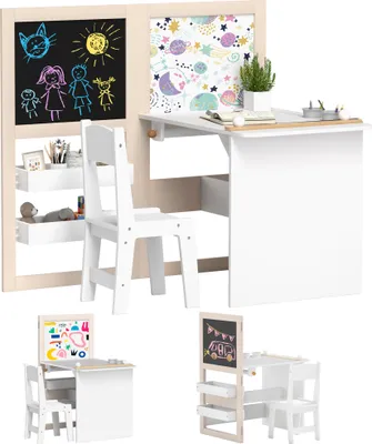 Image de AIYAPLAY Table enfant avec chaise, ensemble table chaise enfants 3 en 1 avec chevalet pliable, table activités et jeux avec chaise - étagères de rangement, rouleau de papier - 3 à 8 ans, blanc