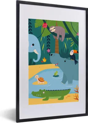 Produktbild von MuchoWow® Gerahmtes Poster Blumen - Tiere - Dschungel - Kinder 40x60 cm - Poster mit Schwarzem Bilderrahmen Wandposter Rahmen Foto Bilder - Poster in Rahmen