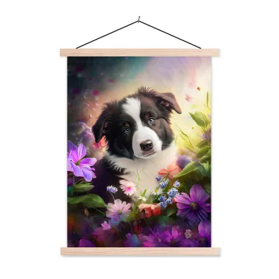 Produktbild von MuchoWow® Textilposter Welpe - Sonne - Blumen - Natur - Border Collie - Hund 120x160 cm mit holzfarbenen Rahmen - Plakatkarton