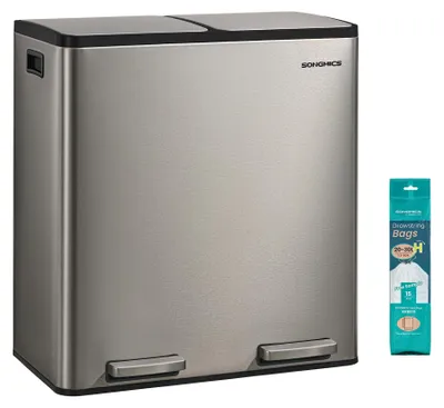 Productafbeelding van SONGMICS Vuilnisbak voor de keuken, 2 x 30 liter, 2 compartimenten, roestvrij staal, deksel met softclose-mechanisme – zilverkleurig