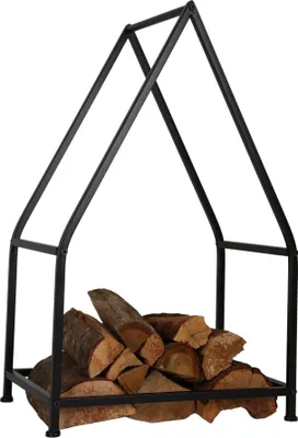 A black metal firewood rack shaped like a house, filled with logs.