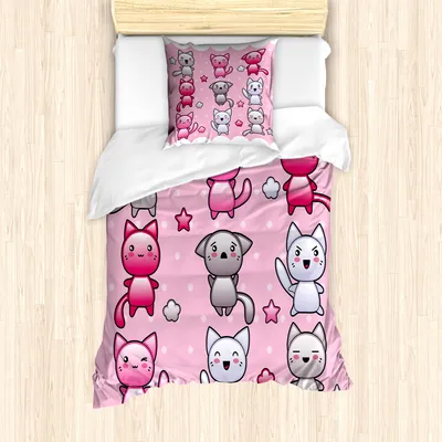 Produktbild von ABAKUHAUS Anime Mantele, Lustige japanische Gekritzel, Milbensicher Allergiker geeignet mit Kissenbezügen, 135 cm x 200 cm - 80 x 80 cm, Lila-Rosa-Blau