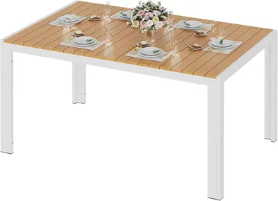 Obrázek produktu pro Zahradní stůl – hliníkový terasový stůl – deska z WPC v teakovém vzhledu – 140 × 90 × 75 cm – bílá konstrukce – obdélníkový – pro 8 osob – odolný proti povětrnostním vlivům