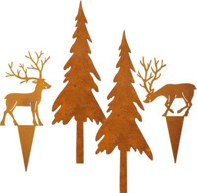 A set of four garden stakes shaped like deer and pine trees, with a rust-like finish.