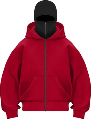 Produktbild von ASKSA Balaclava Zip Hoodie Herren Damen Einfarbig Kapuzenpullover Warm mit Sturmhaube Casual Hoodie Lockeres Sweatjacke,Rot + Schwarz,3XL