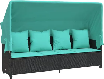 Produktbild von vidaXL Sonnenliege mit Dach und Kissen Schwarz Poly Rattan