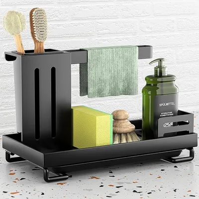 Produktbild von PNNP Spülbecken Organizer Schwarz Küchen Spüle Sink Organizer, Zusätzliche Verstärkung Spülorganizer Edelstahl Schwammhalter Spüllappenhalter Lappenhalter mit Abflusspfanne, Einfache Installation