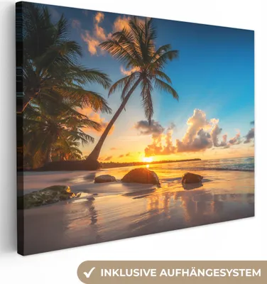 Produktbild von MuchoWow® - Leinwandbilder - Strand - Meer - Palme - Sonnenuntergang, Wandbild, Wanddeko Bilder Wohnzimmer, 120x90 cm