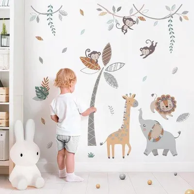 Productafbeelding van Boho Jungle Dieren Wandstickers - Safari Wanddecoratie voor Kinderen - Olifant, Giraffe, Aap - Peel & Stick PVC Muurstickers voor Baby