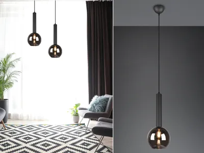Produktbild von LED Pendelleuchte Industrial einflammig Schwarz mit Rauchglas Design Kugellampe