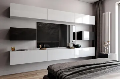 Produktbild von Wohnwand Set mit 8 Schränken, Weiß Hochglanz, Schwarz Hochglanz, modern für das Wohnzimmer, 315 x 145 cm